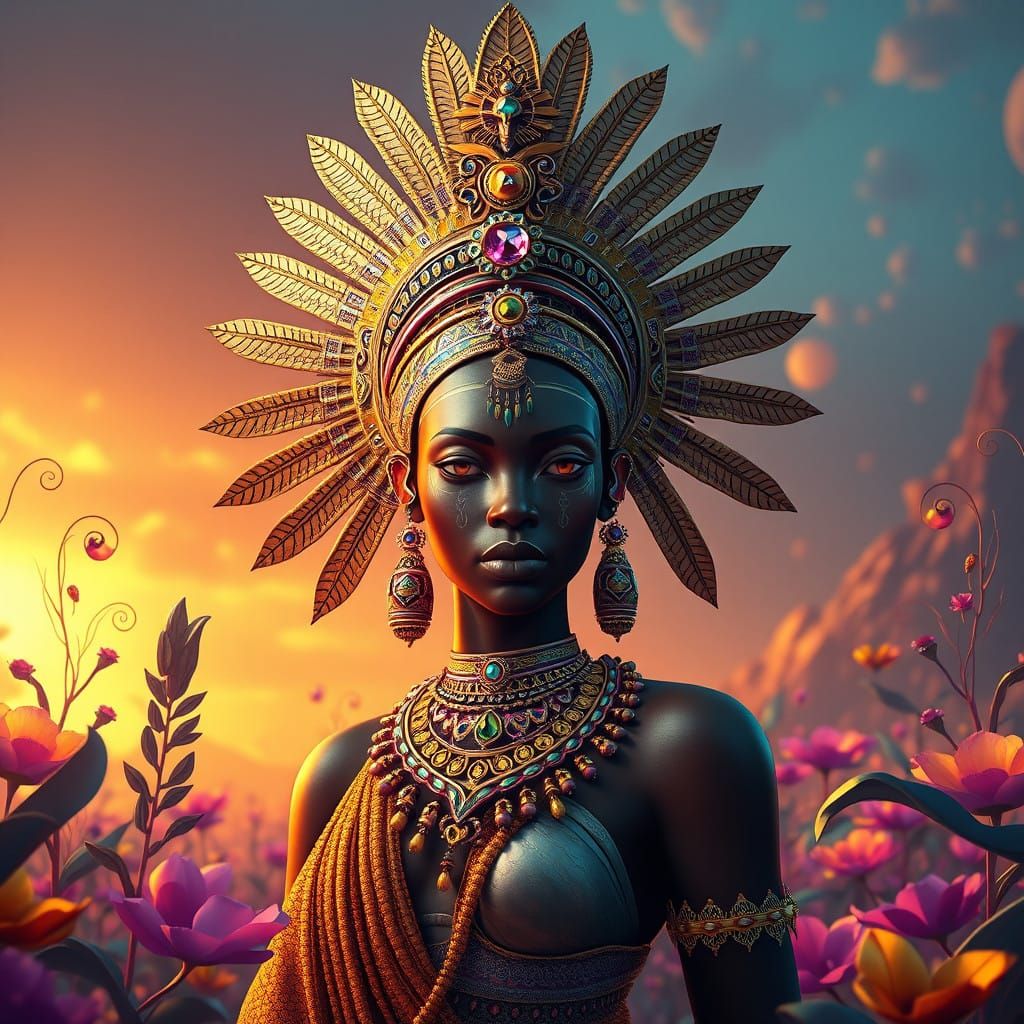 Majestic Afrofuturist Goddess of Motherhood in Vibrant Lands...