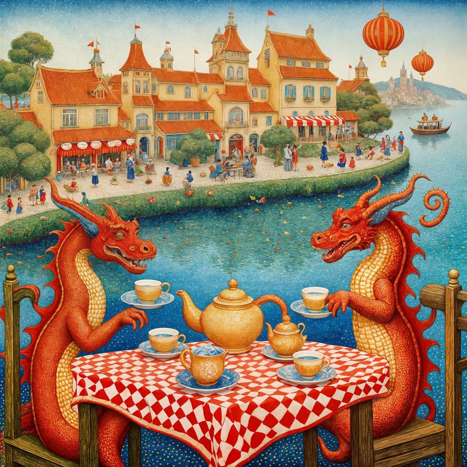 Dragons' Tea Party in Pointillist Fairytale Town