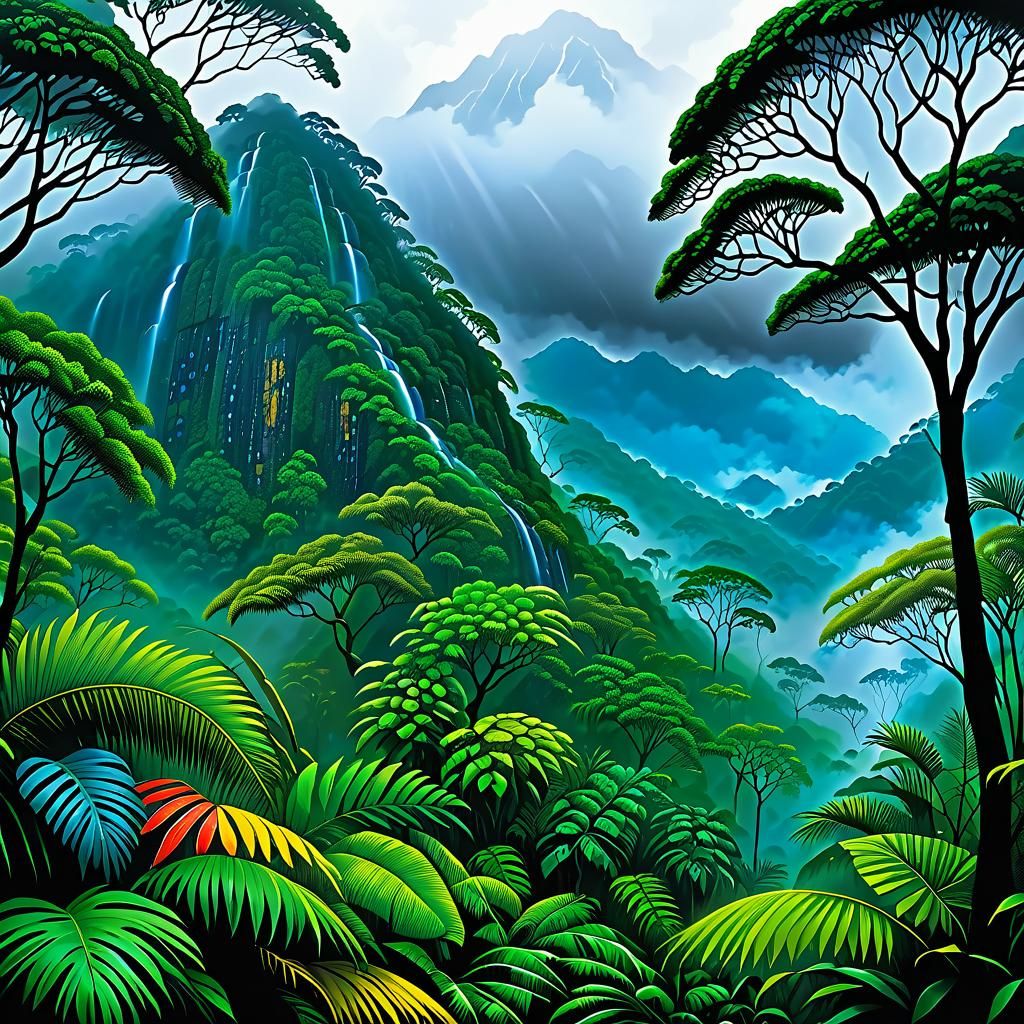 Lush Rainforest in Foggy Mountains: Airbrush Art