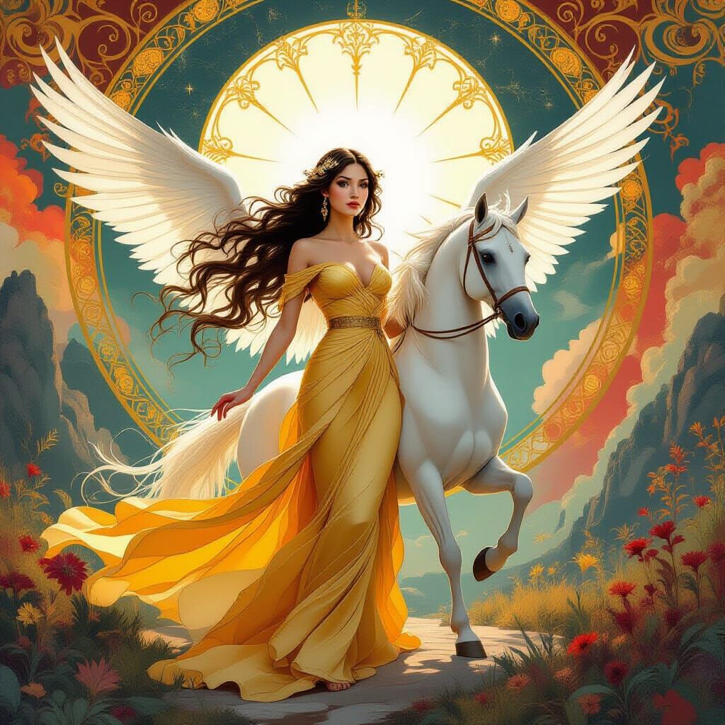 Divine Goddess with Pegasus in Surreal Art Nouveau Landscape