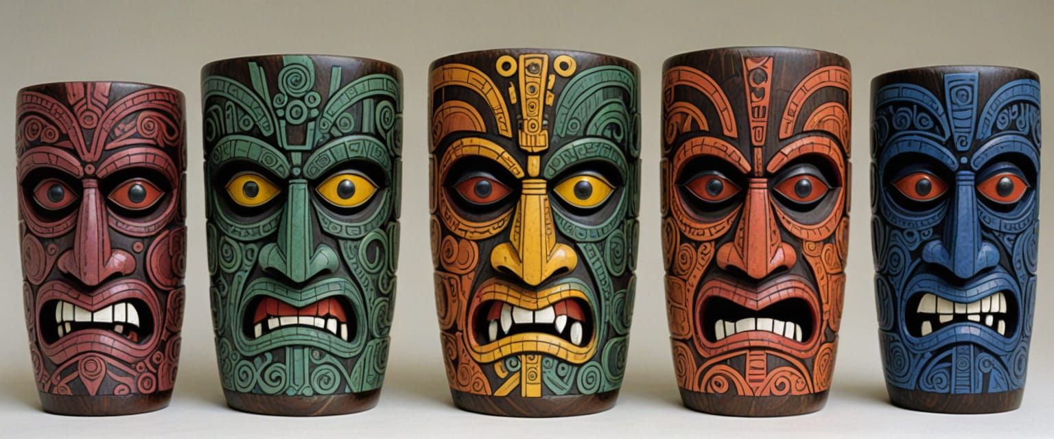 Intricately Carved Papua New Guinea Tiki Mugs