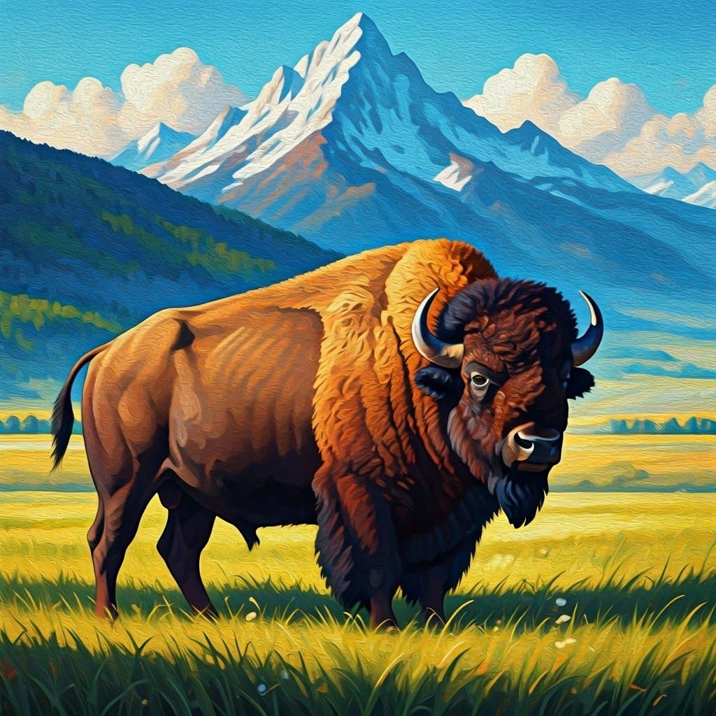Buffalo in Emerald Grassland as Oil Painting
