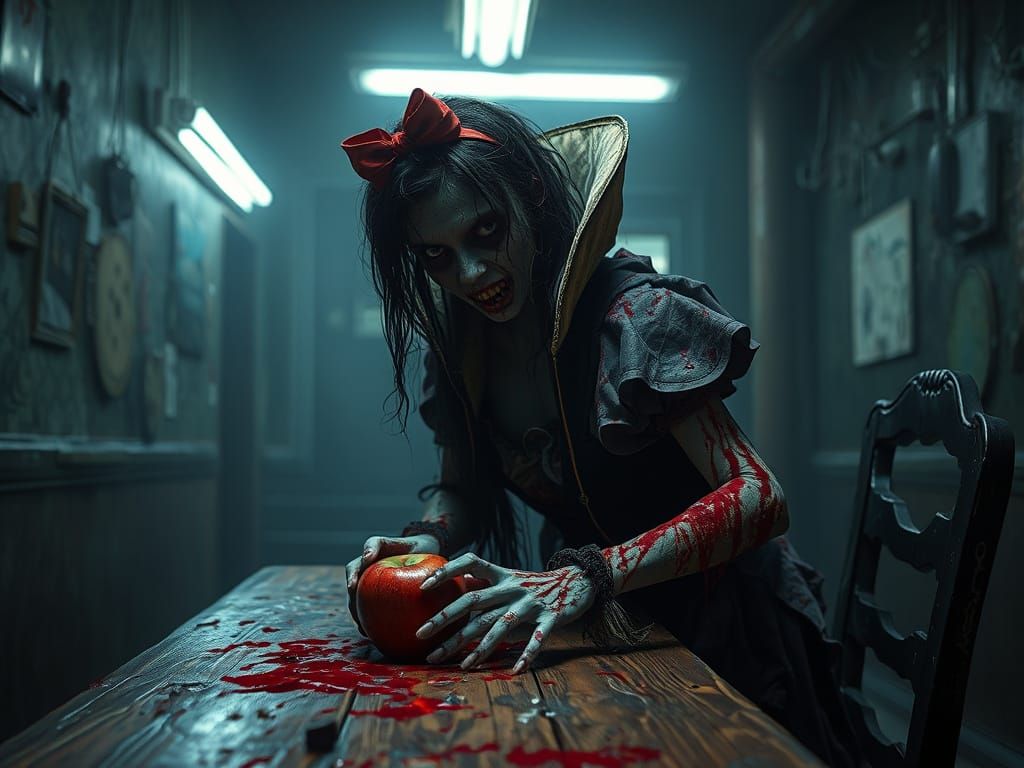 Zombie Snow White in a Haunting Liminal Space