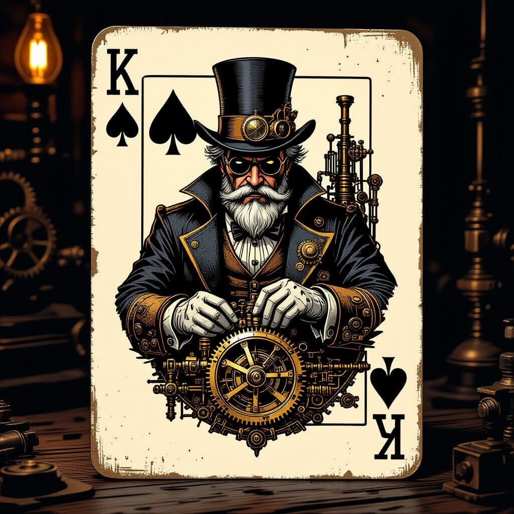 Steampunk King of Spades Inventor in Noir Workshop