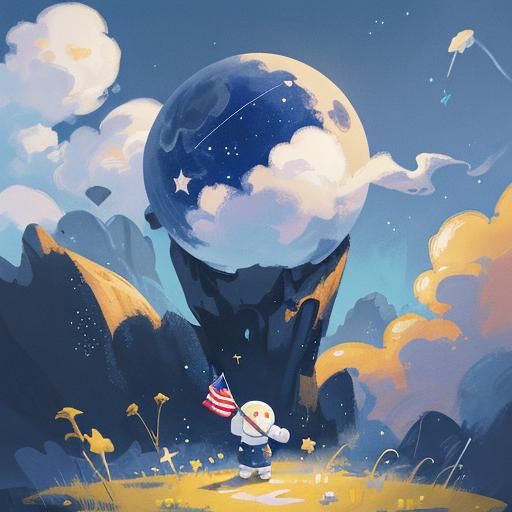 Cute White Astronaut Toy with Flag: Digital Art