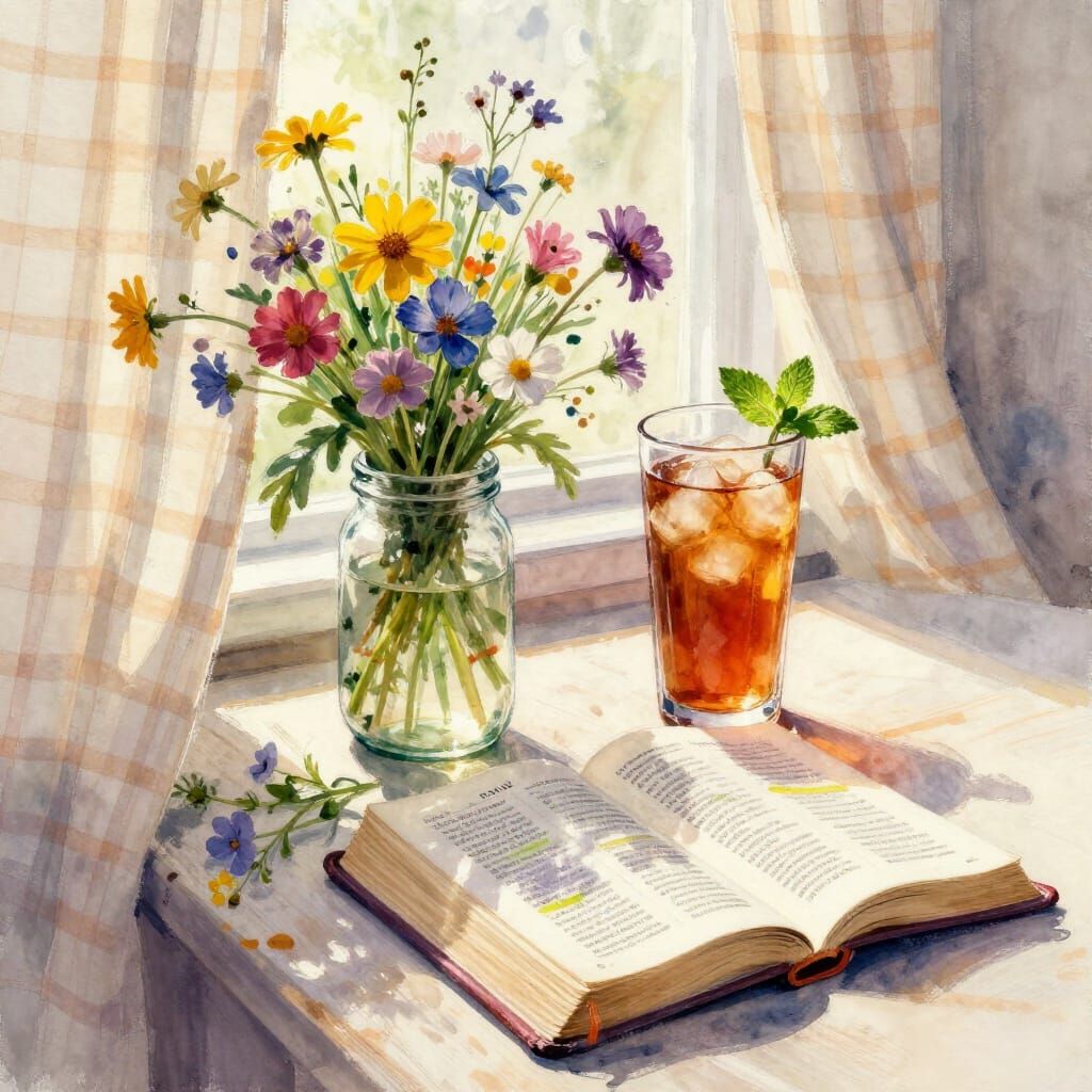 Watercolor Scene: Wildflowers, Bible, and Iced Tea