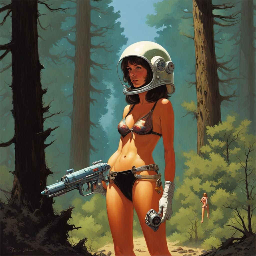 Babe in Bikini with Ray Gun in Forest