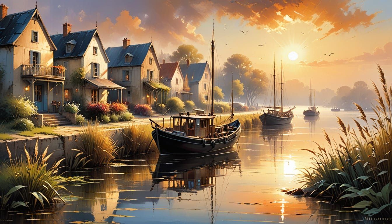 Sunlit Harbor Scene with Reeds, Oil Painting Style