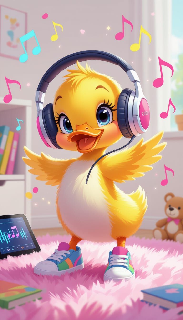 Duckling Dancing with Headphones in Child's Room