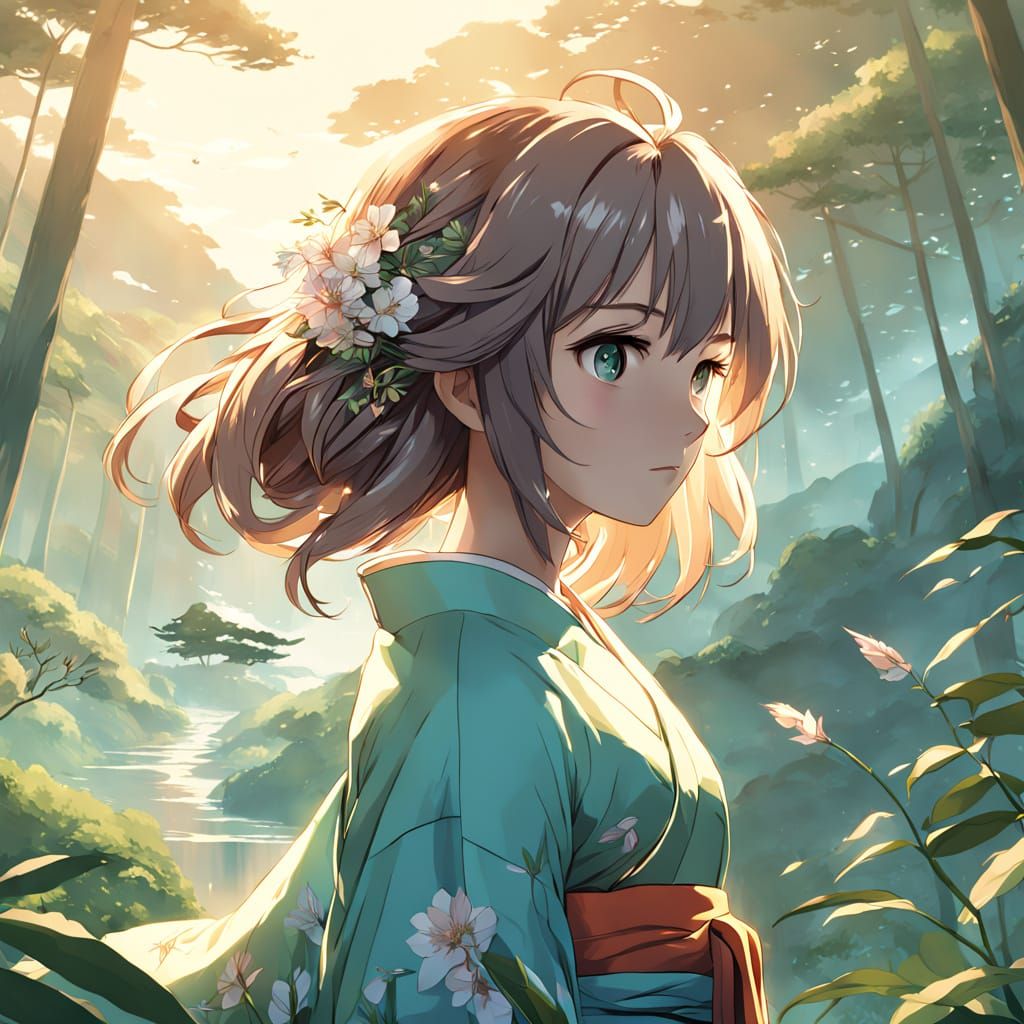 Dreamy Anime Girl in Serene Studio Ghibli-Inspired Landscape