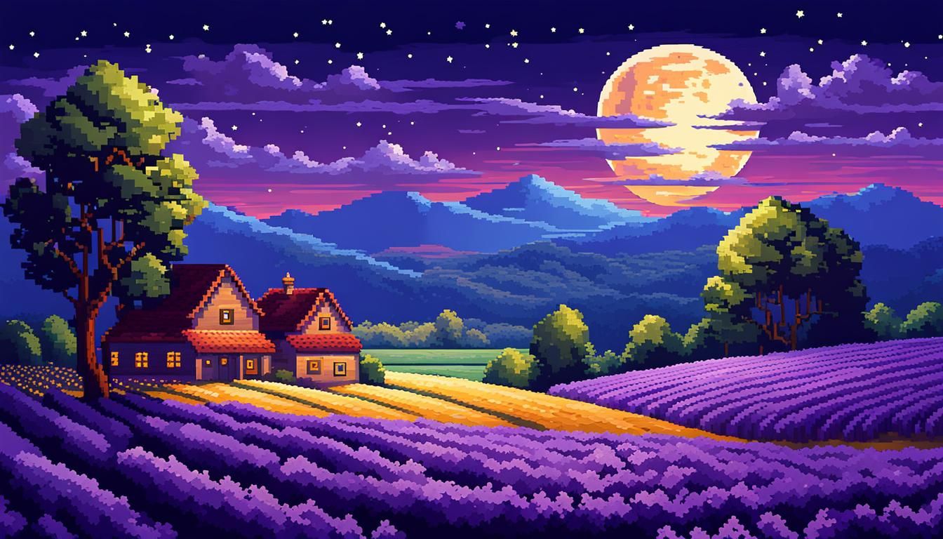 Lavender Fields at Night in Pixel Art Style