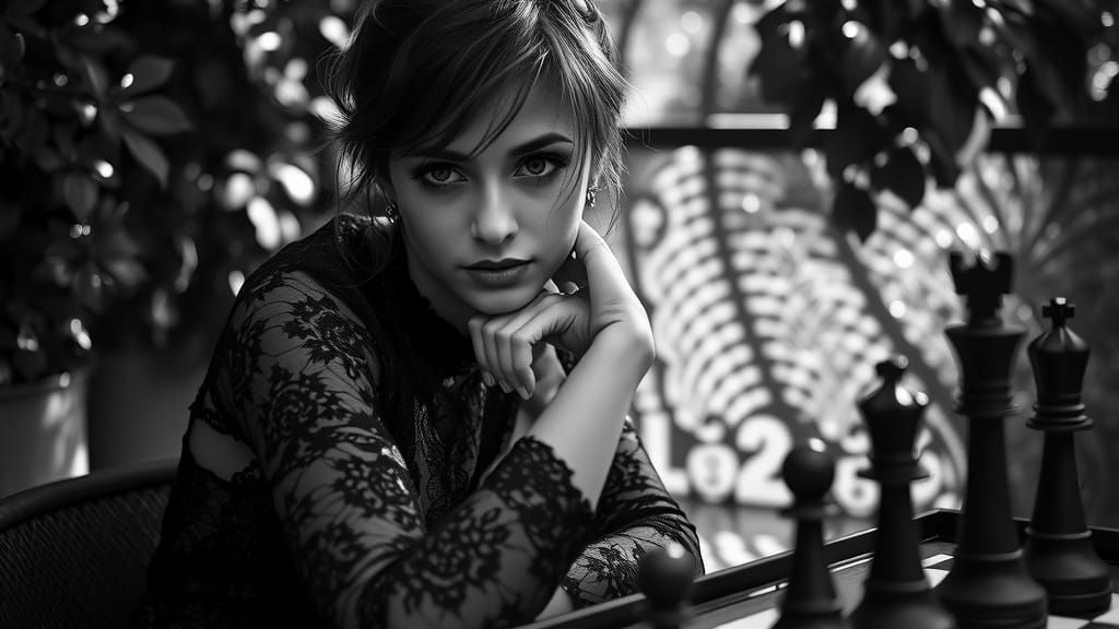 Monochrome Portrait of Woman with Chess Set