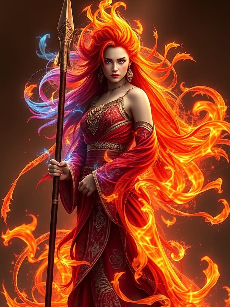 Fire Tribe Woman with Spear in Fractal Flames