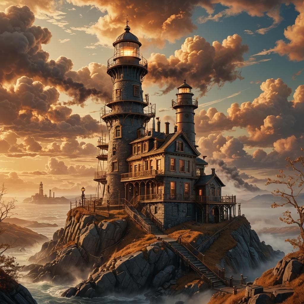Steampunk Lighthouse at Golden Hour