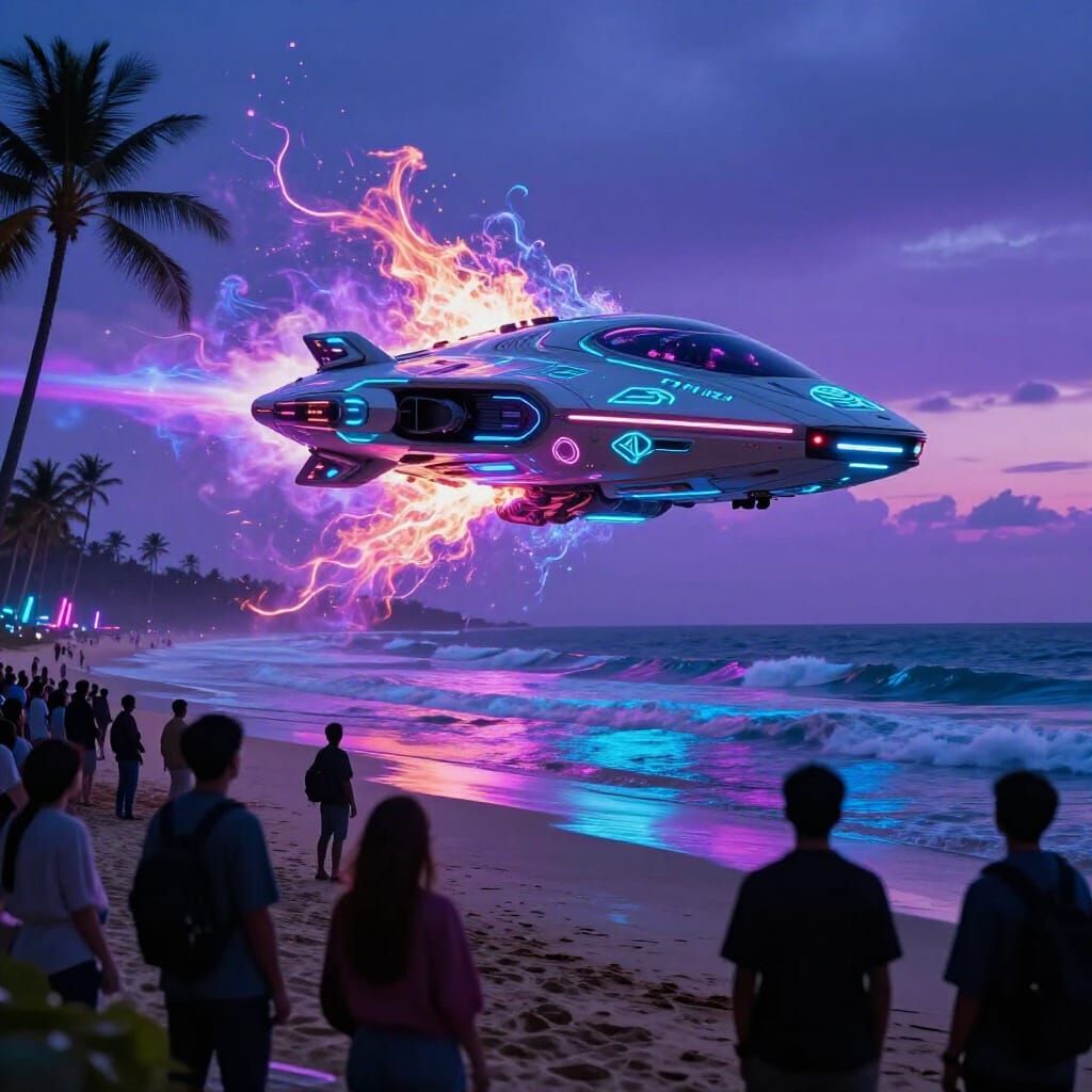 Futuristic Alien Spaceship Car on Beach at Twilight