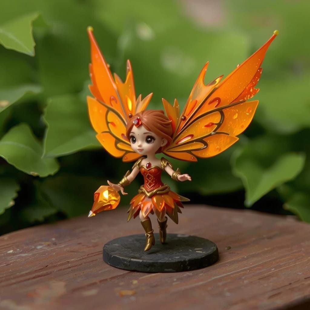 A tiny Ember fairy studded with red and orange crystals, flitting through a garden in the sunshine. motion blur action p...
