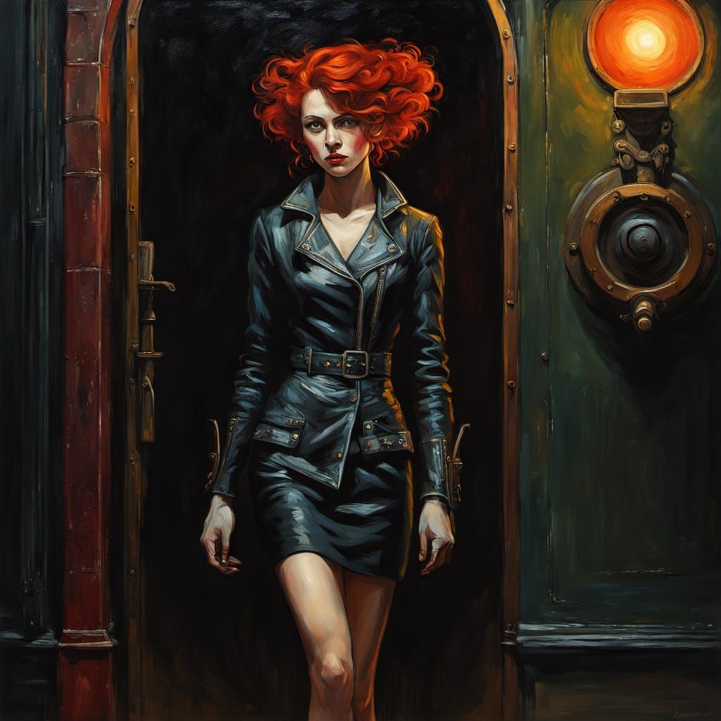 Punk Pin-Up Woman at Nightclub Entrance Oil Painting