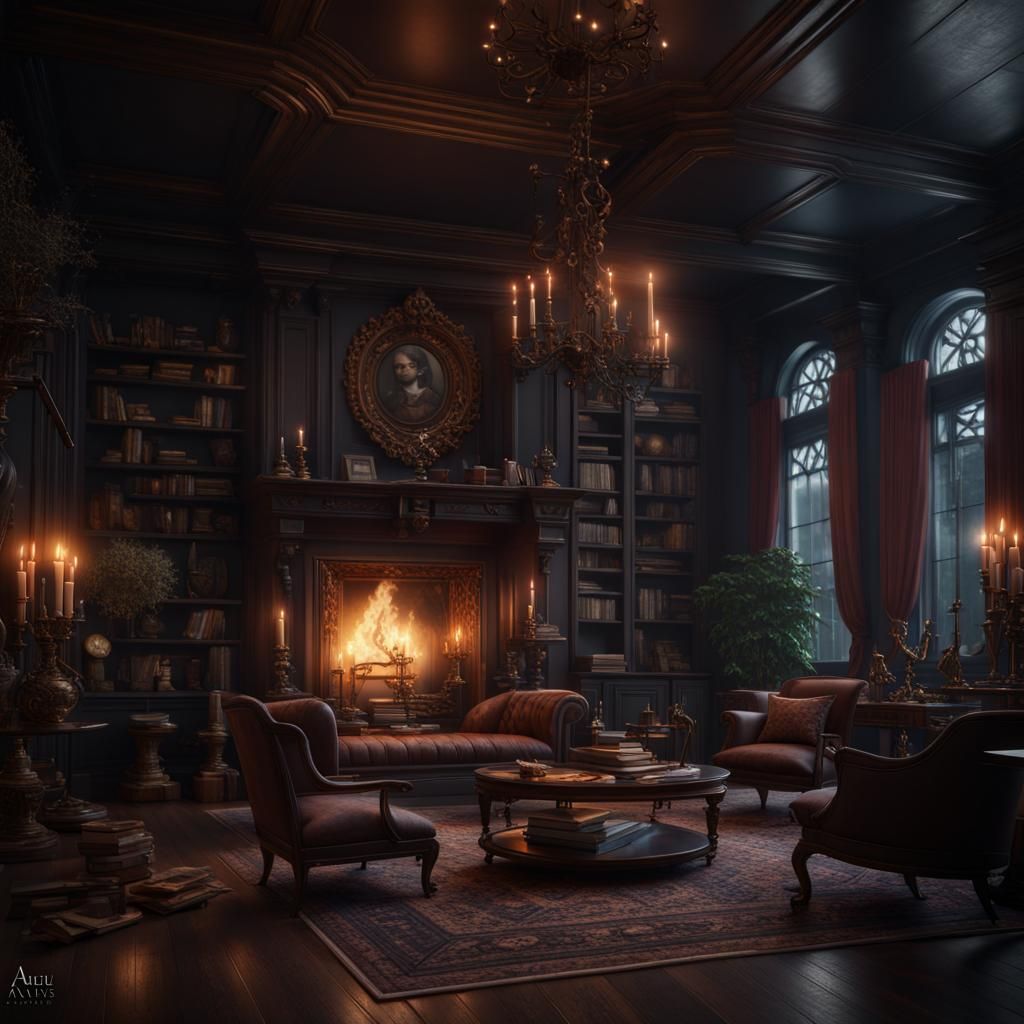 Dark academia living room/library