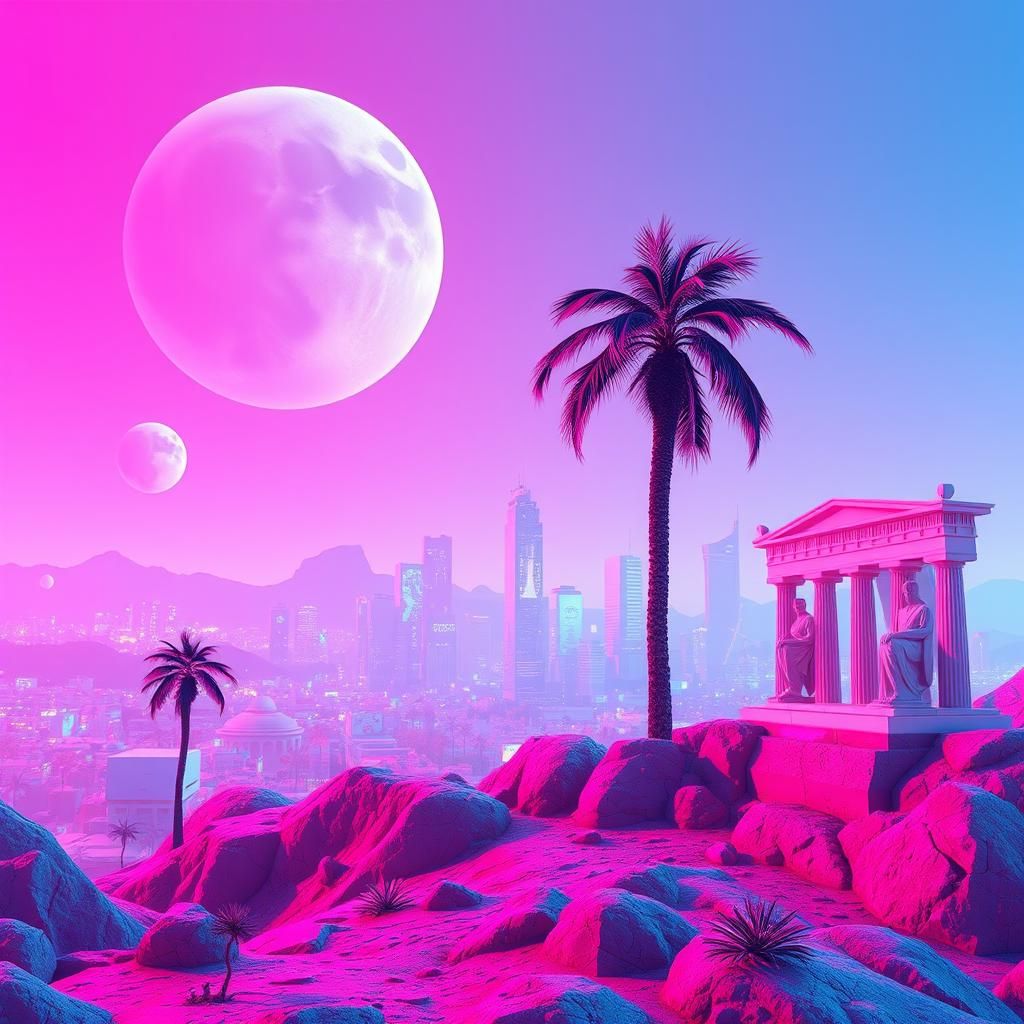 Art by James White, digital dreamland in neon pink and blue, vaporwave essence, floating 3D computer icons, glitched pal...