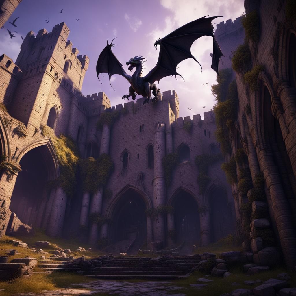 Black Dragon Over Medieval Castle Ruins