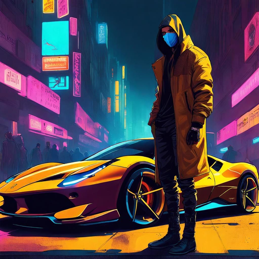 Masked Figure Leans on Ferrari in Cyberpunk City