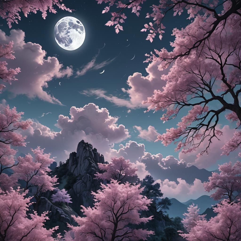 Romantic Surrealism: Moonlit Nightscape in Pastel Colors