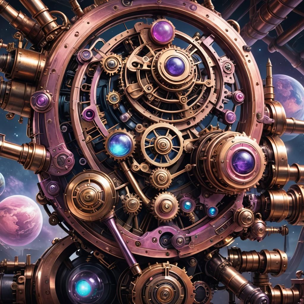 Steampunk Engine Amidst Pink Dinosaur Planets