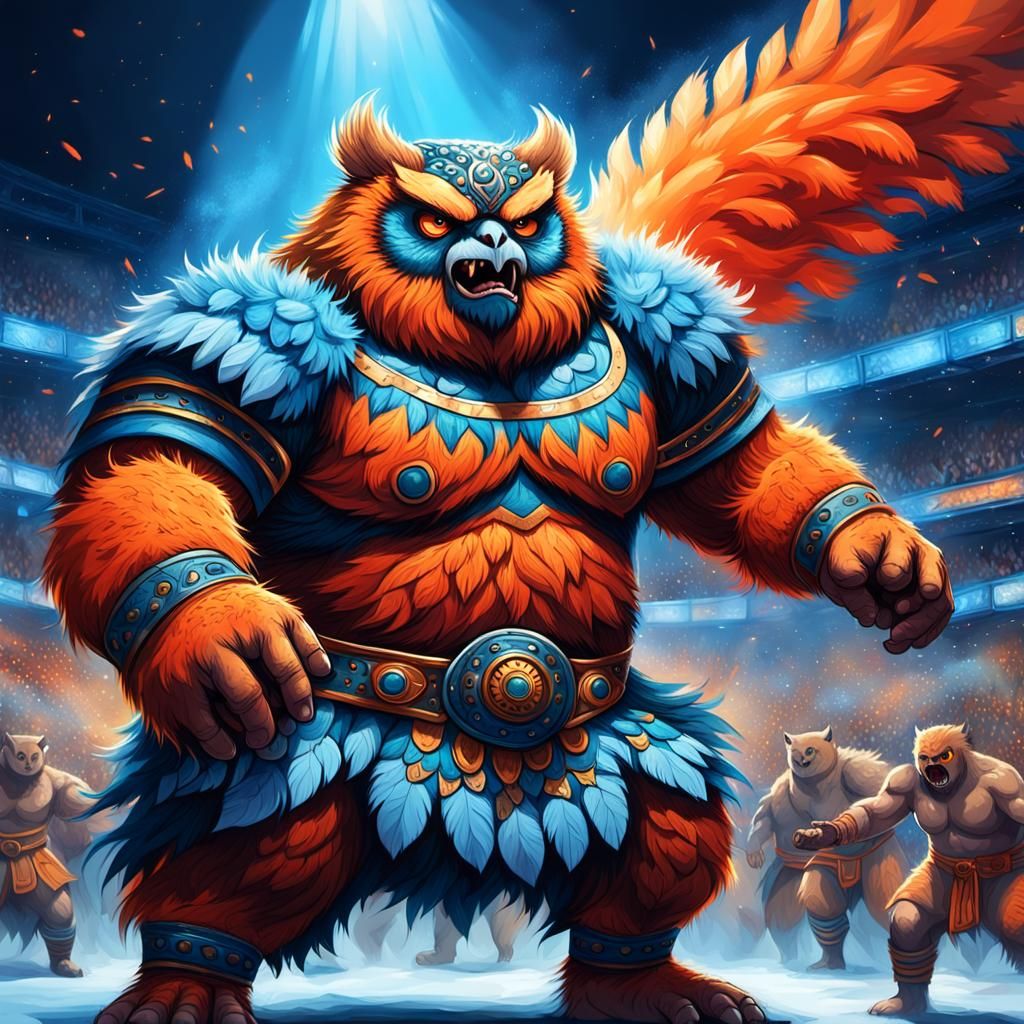 Owlbear Sumo Wrestler in Crowded Arena