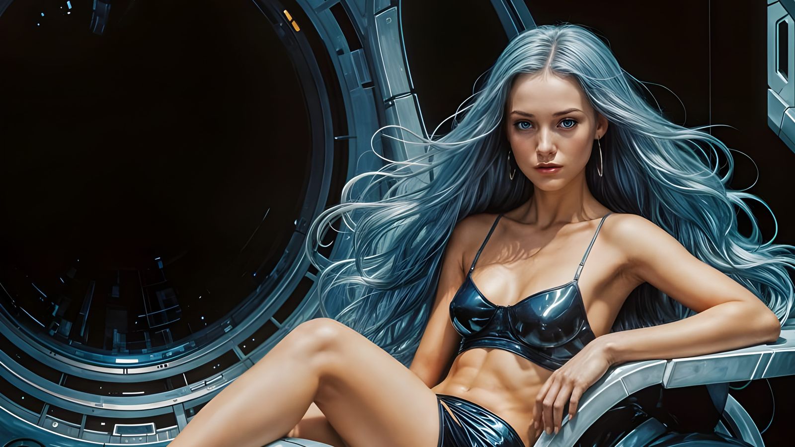 Futuristic Oil Painting of a Blue-Haired Woman in Space