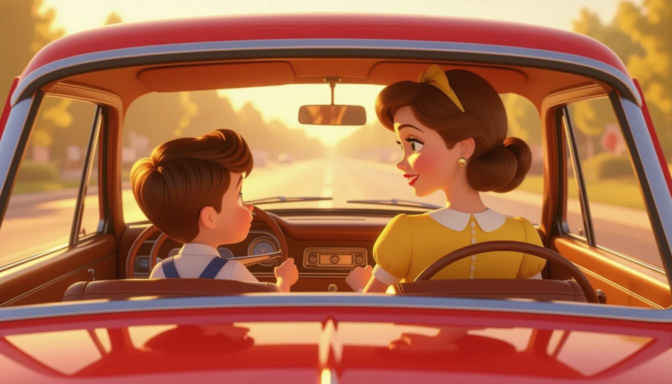 Boy in School Dress Rides Red Car Driven by Mother