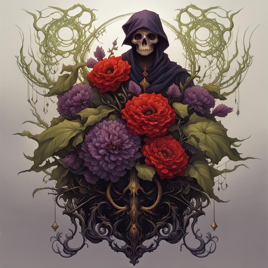 Red and Black Flower Bouquet in Detailed Ink Illustration