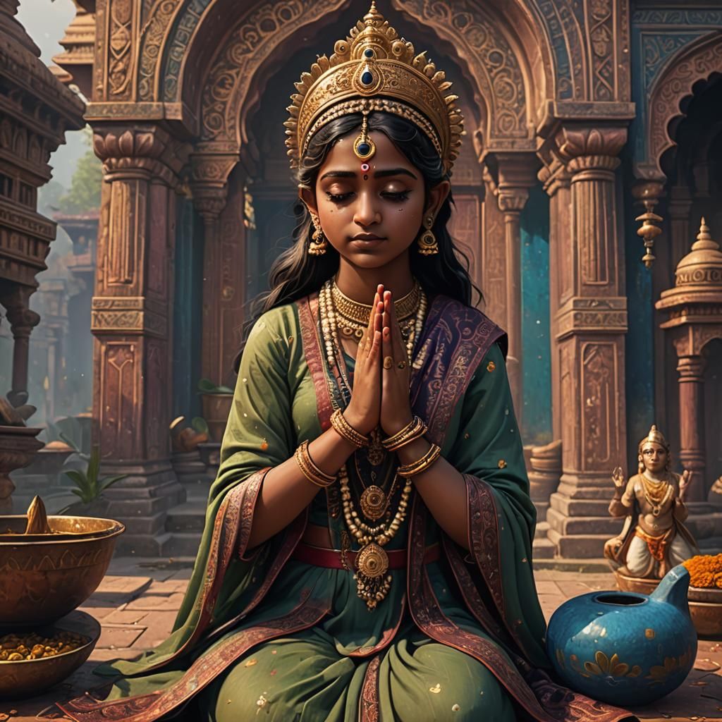 Indian Girl Praying to Krishna: Detailed Matte Painting