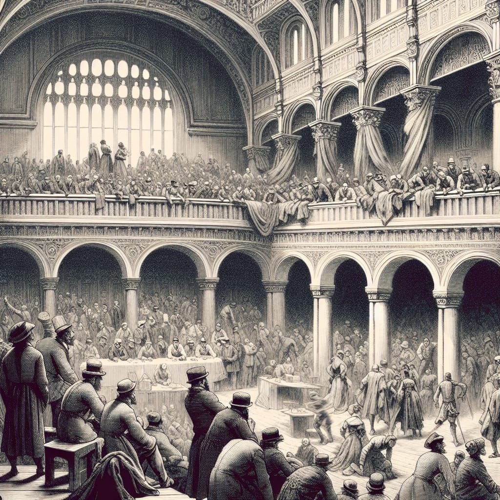 Historical Event Etching: Indoor Crowd Scene