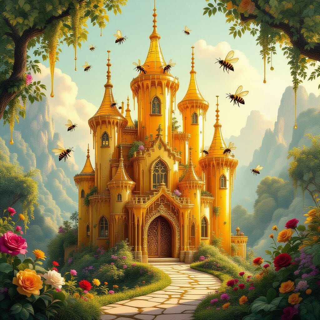 Golden Honey Castle Adorned with Amber, Surreal Illustration