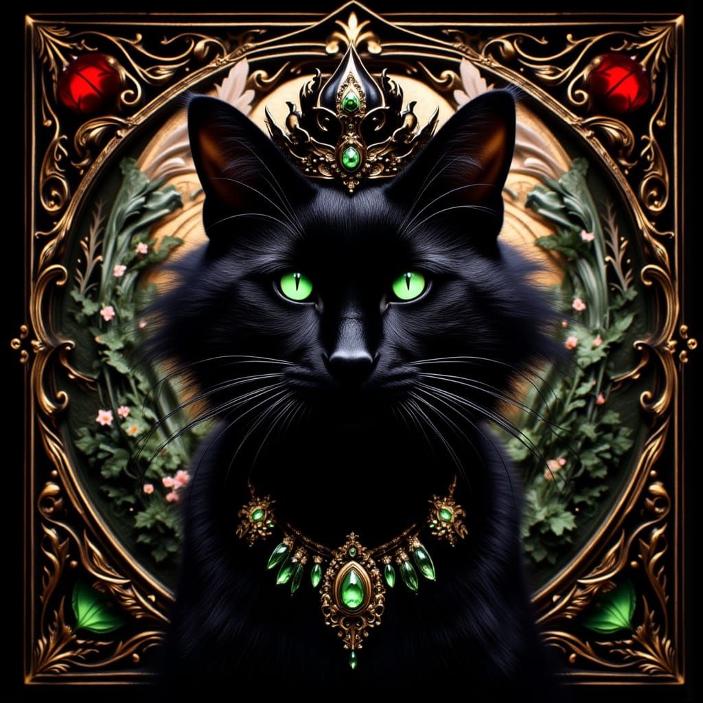 Gothic Art Nouveau Black Cat with Emerald Eyes
