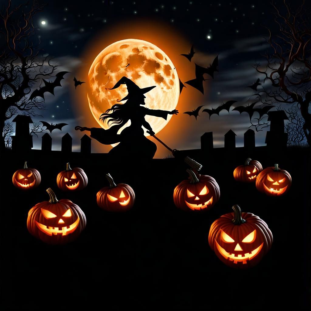 Halloween Pumpkins with Witch Silhouette and Bloody Moon