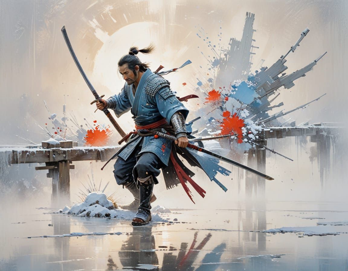 Samurai on Snowy Bridge with Impasto Textures