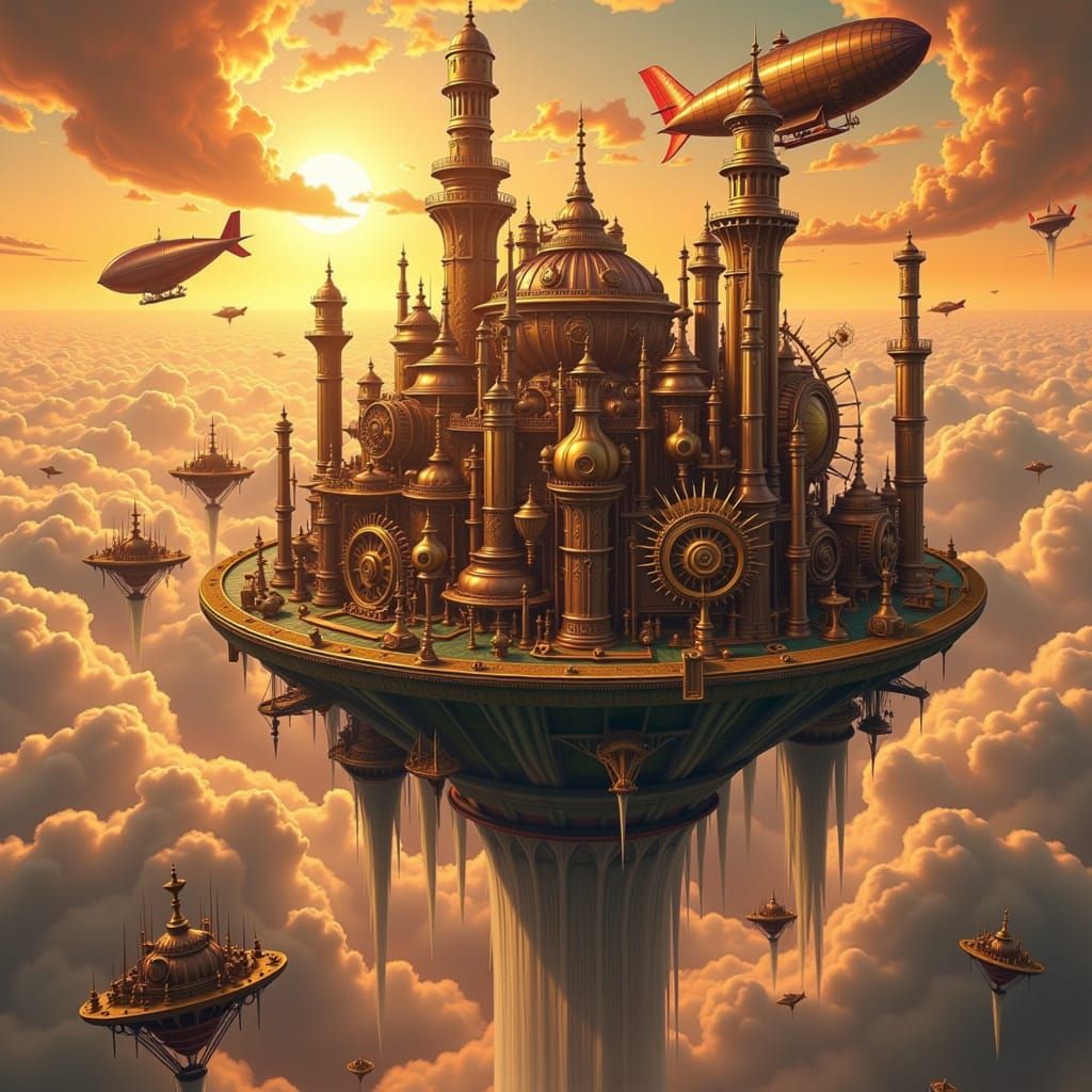 Steampunk Clockwork Islands Drift Through a Dirigible Sky