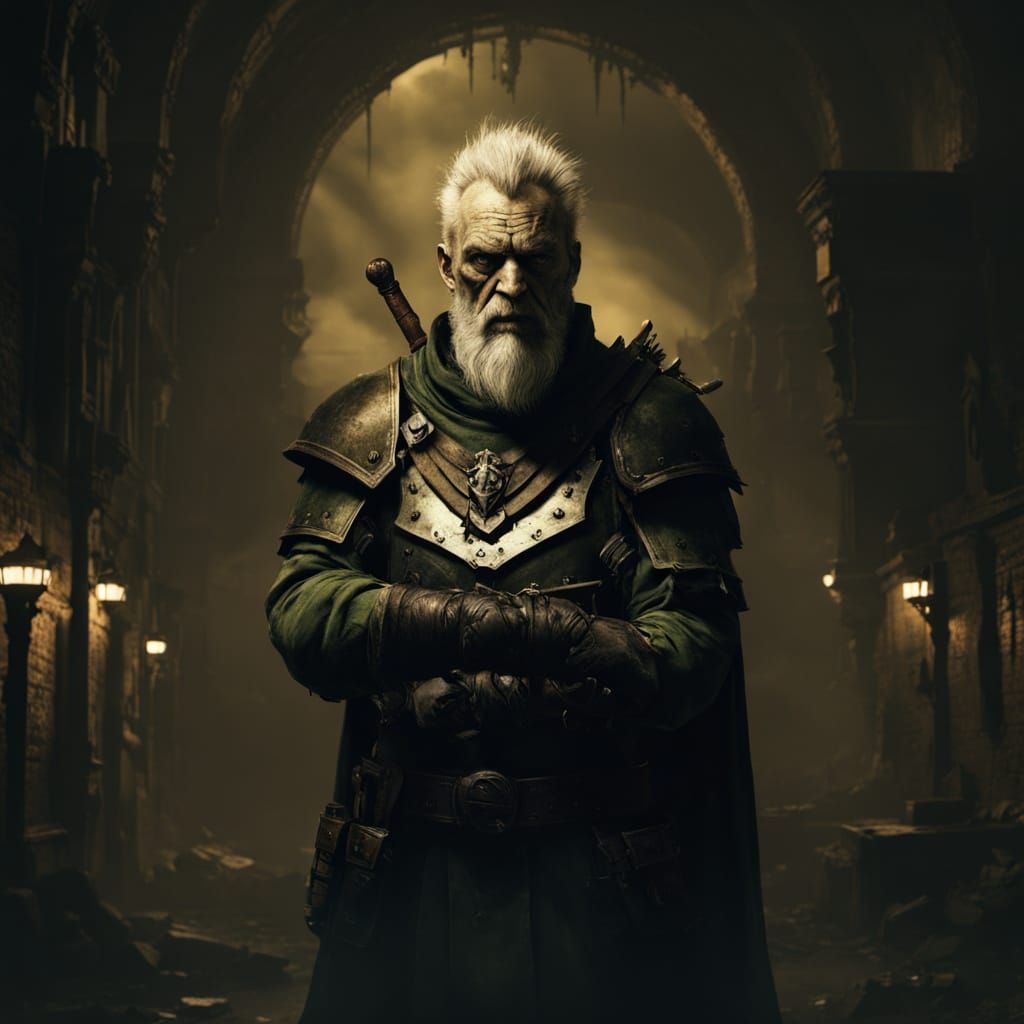 Warhammer Fantasy Warrior in Dark Cityscape