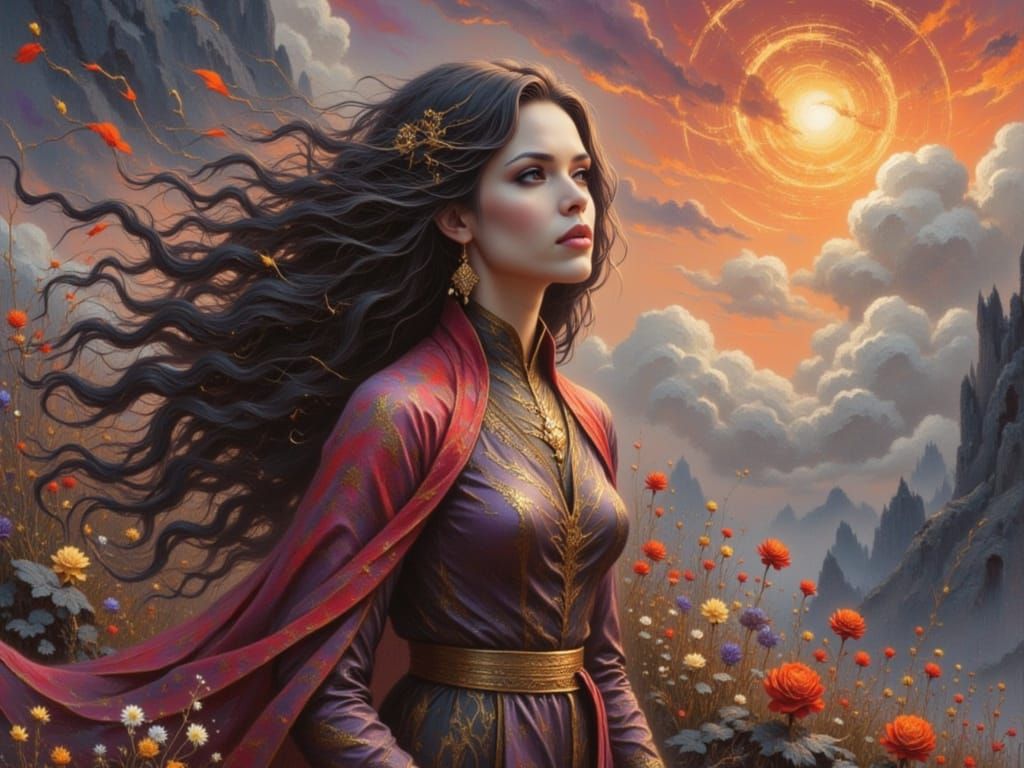 Woman Gazing at Fiery Sky in Gritty Fantasy Style