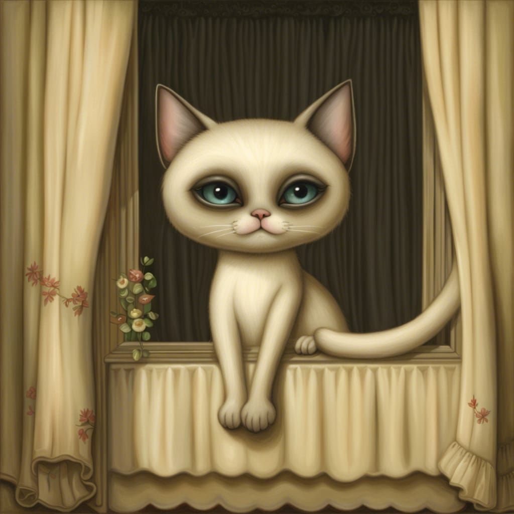 Siamese Cat in Window, Pop Surrealism Style