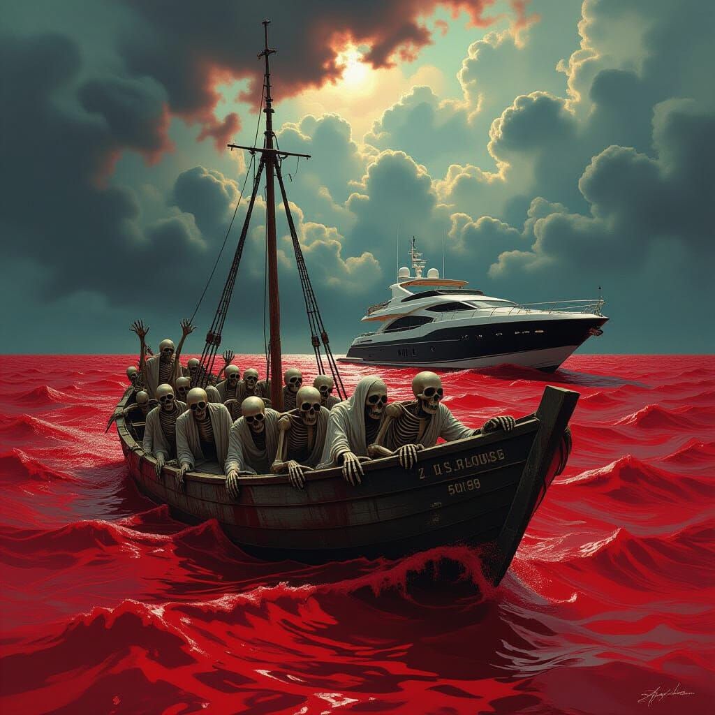 Haunting Refugee Crisis Scene in Dark Fantasy Style