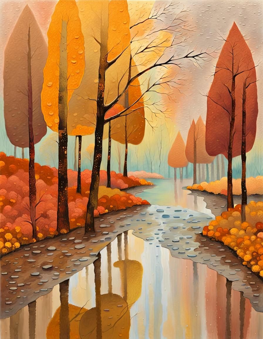 Impressionist Autumn Masterpiece with Rainy Misty Landscape
