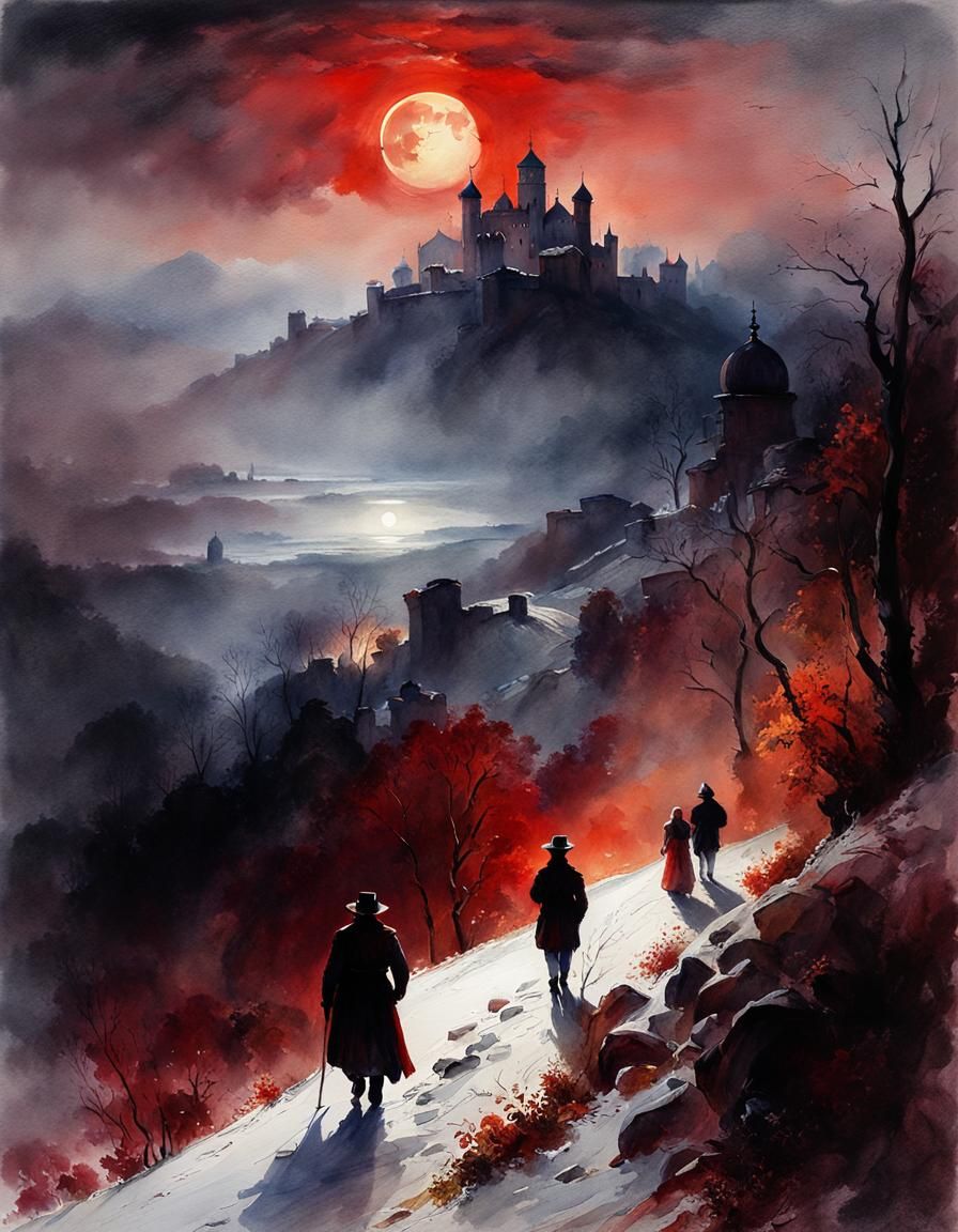 Bran Castle in Moody Watercolor Style