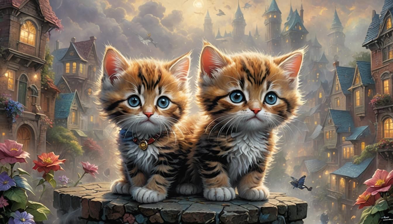 Ethereal Superhero Kitten in a Thomas Kinkade Style