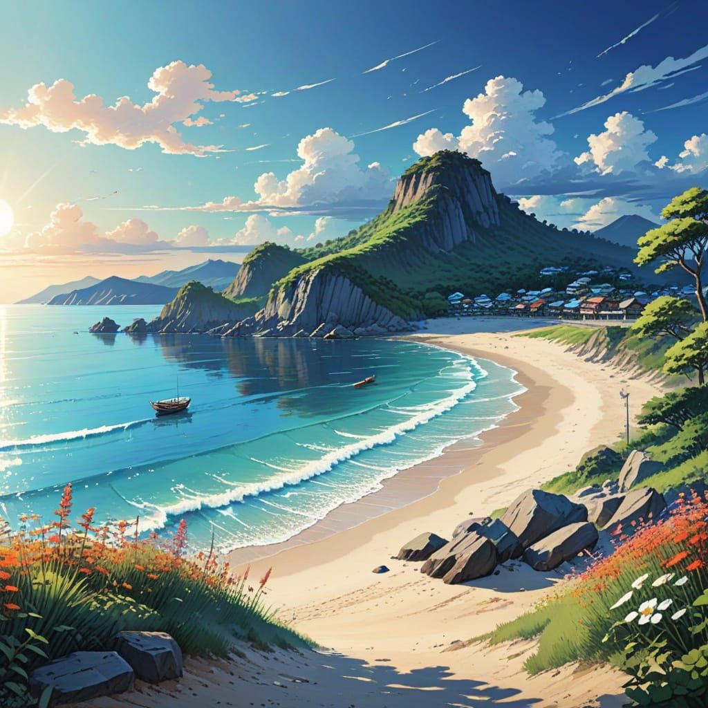 Vibrant Seaside Landscape in Anime Style