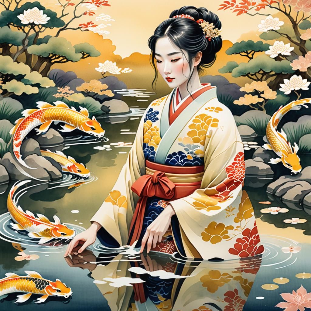 Ukiyo-e Garden Scene with Woman and Dragons