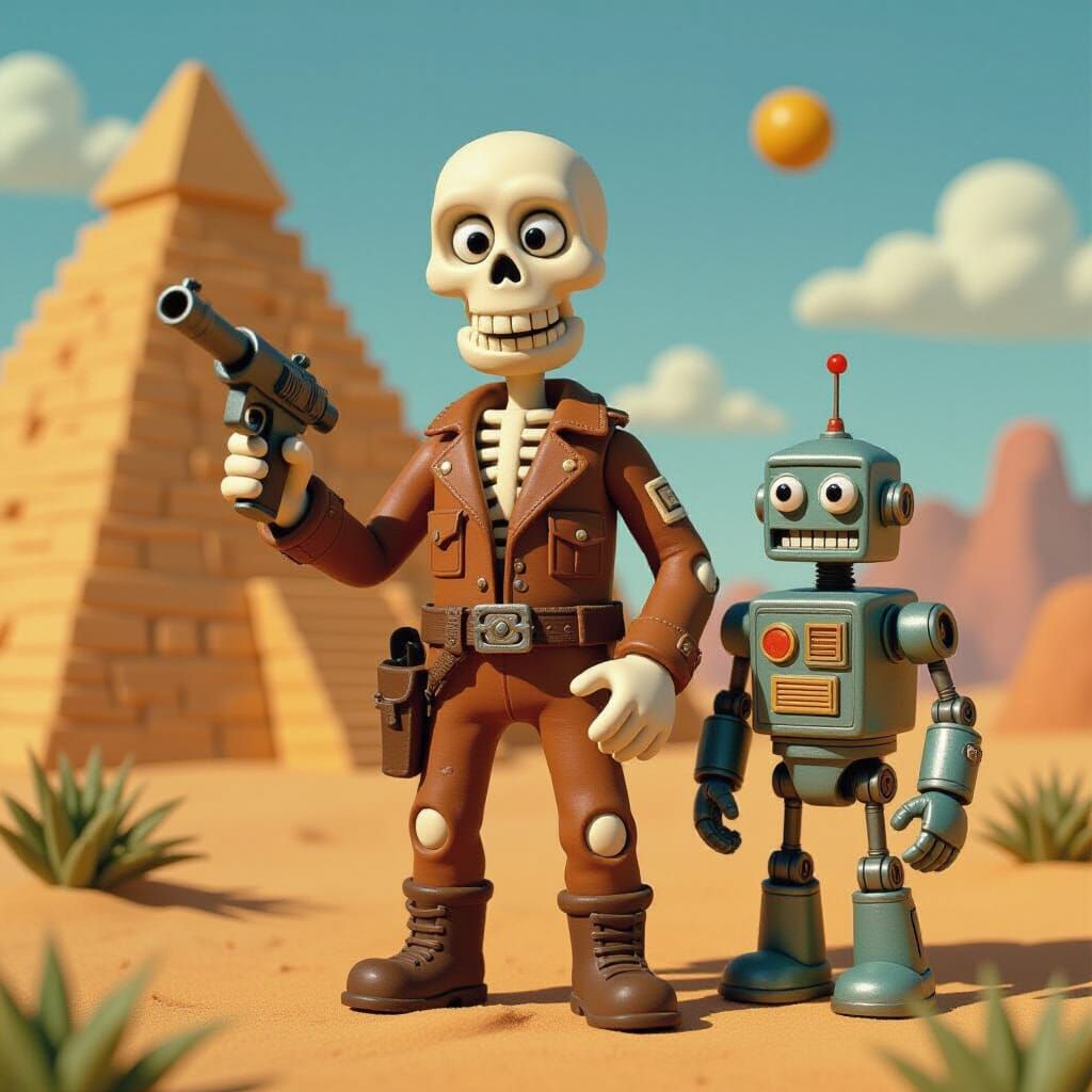 Claymation Skeleton Adventurer with Robot on Alien World