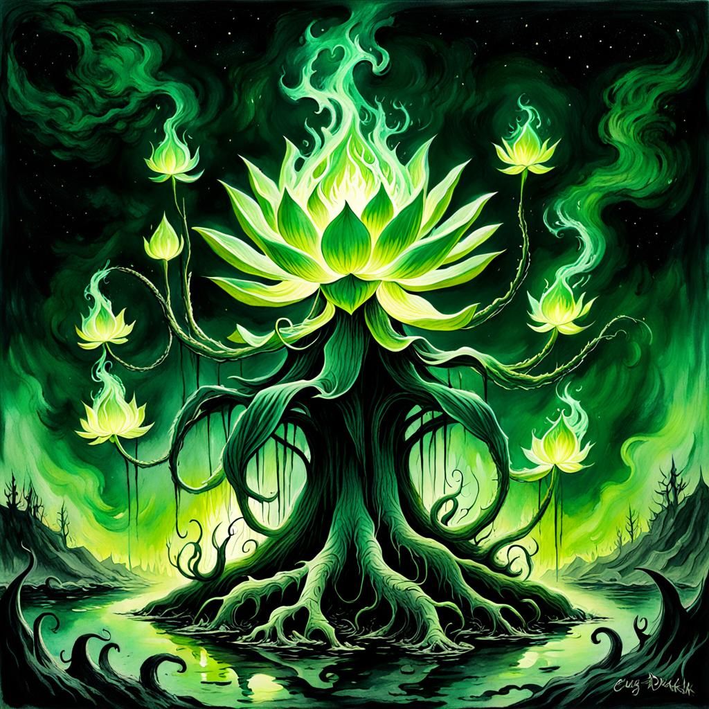 Eerie Green Fire Lotus Ink Wash Painting