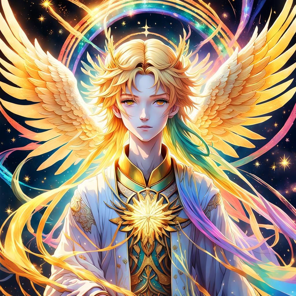 Ethereal Angel in Anime Style with Rainbow Wings